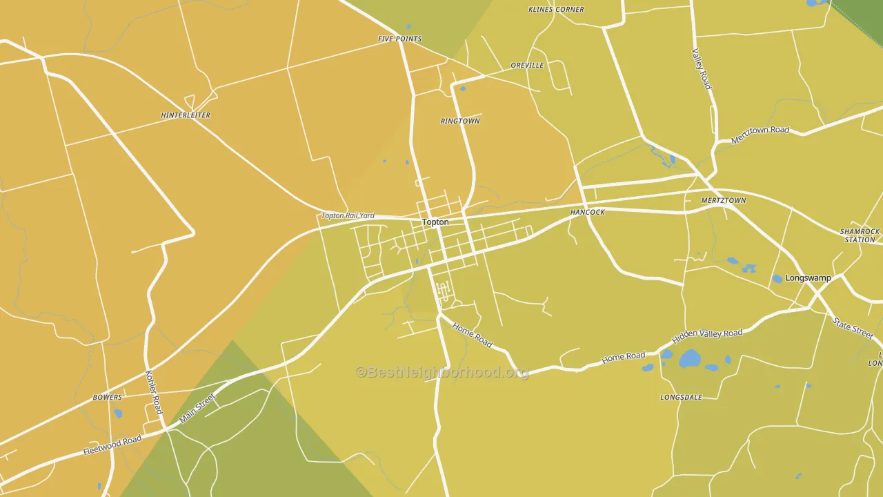 Map of the best neighborhoods in the 19562 area, with better matches in green and worse matches in red