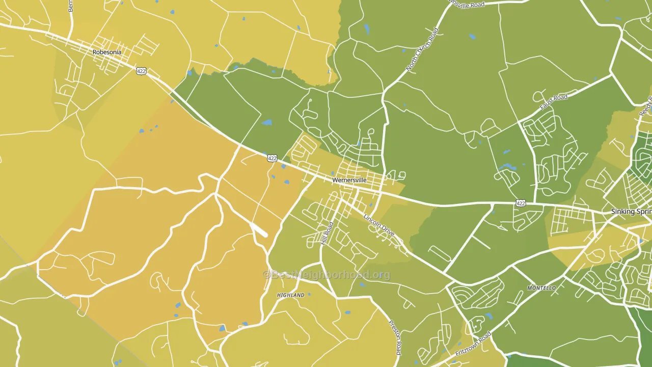 Map of the best neighborhoods in the 19565 area, with better matches in green and worse matches in red