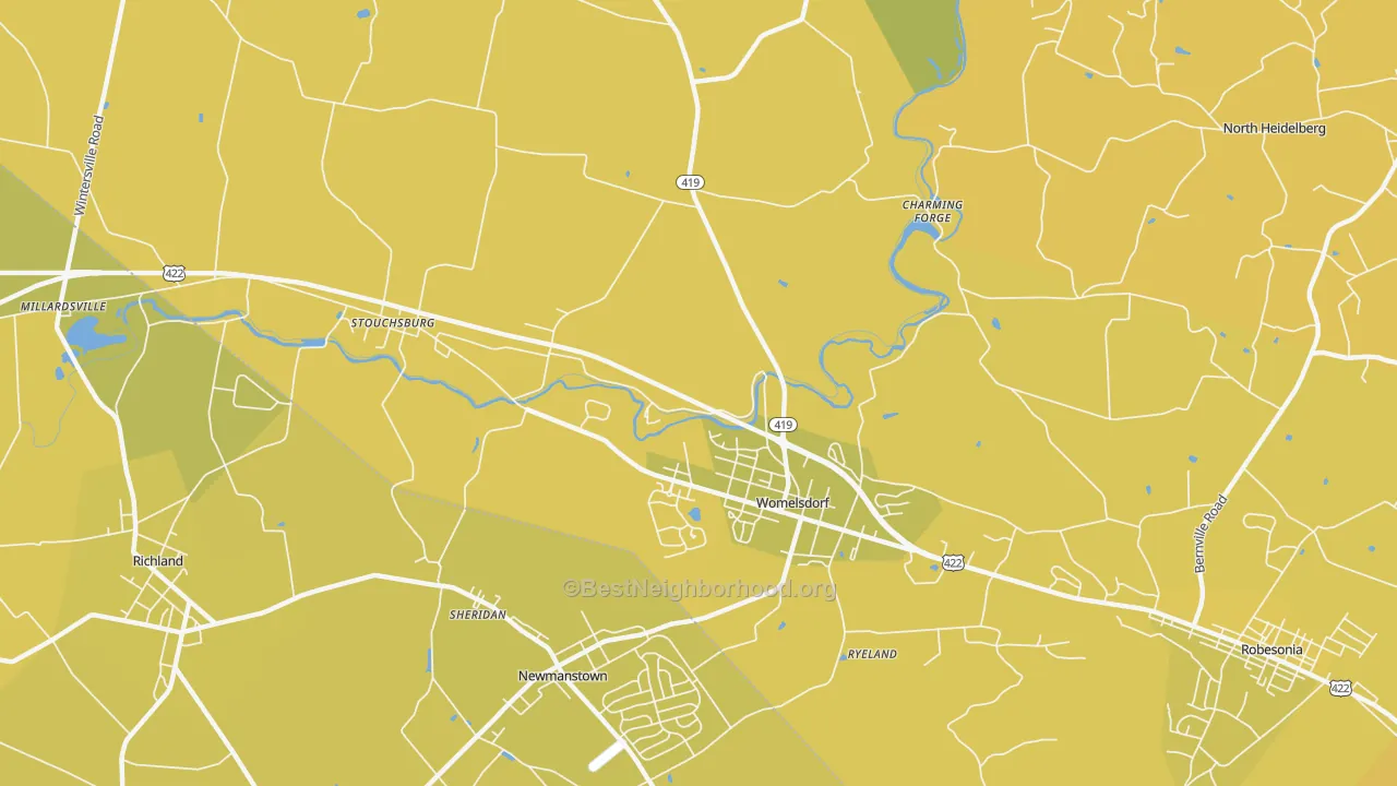 Map of the best neighborhoods in the 19567 area, with better matches in green and worse matches in red