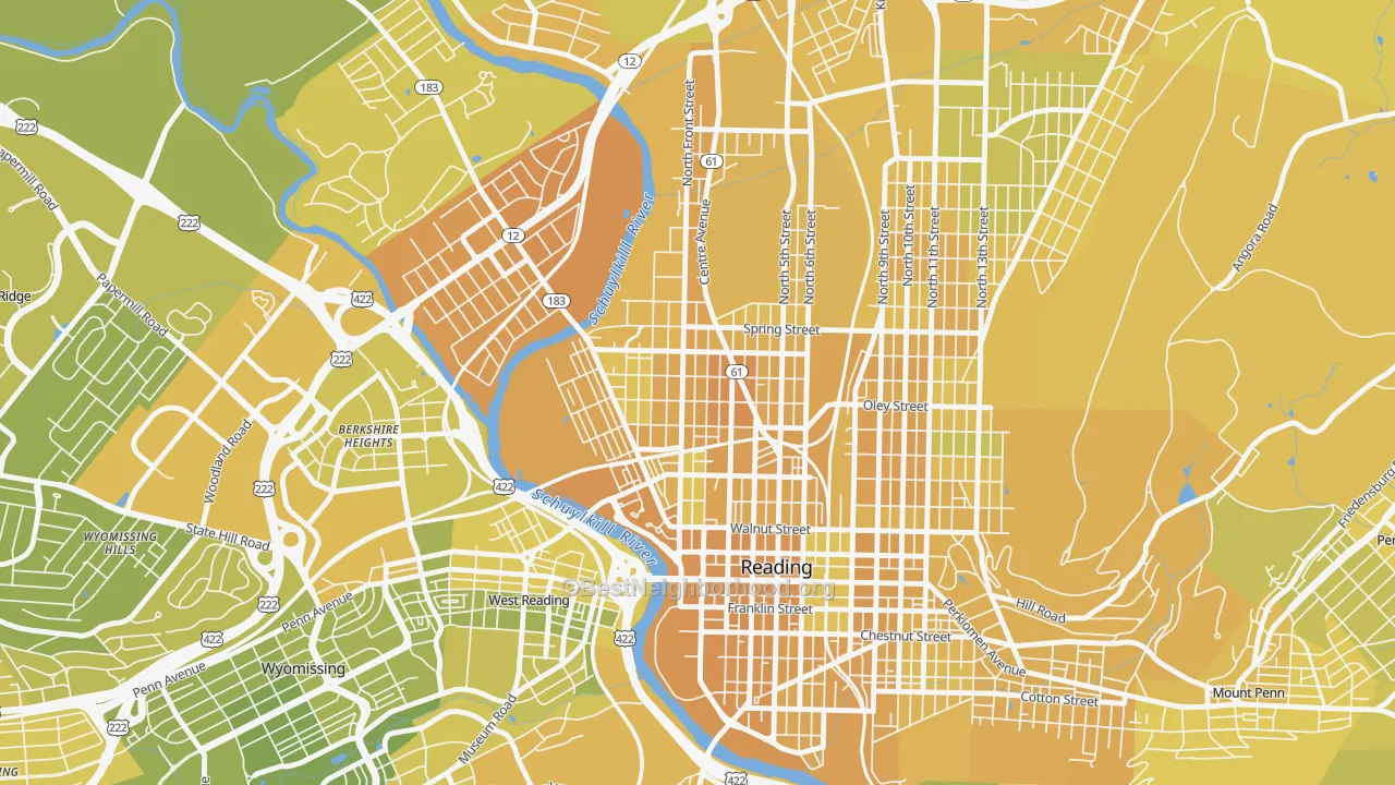 Map of the best neighborhoods in the 19601 area, with better matches in green and worse matches in red