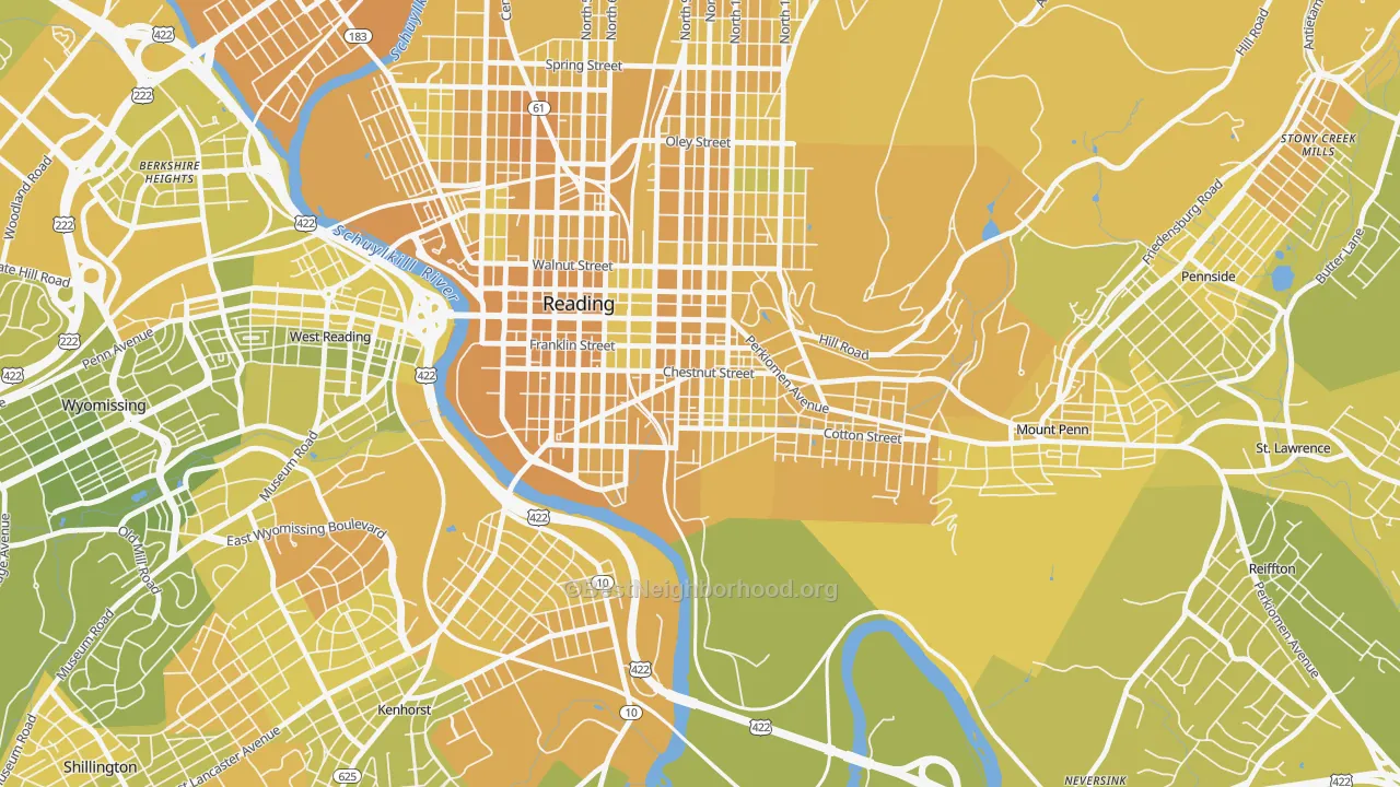 Map of the best neighborhoods in the 19602 area, with better matches in green and worse matches in red