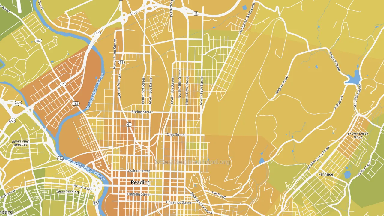 Map of the best neighborhoods in the 19604 area, with better matches in green and worse matches in red