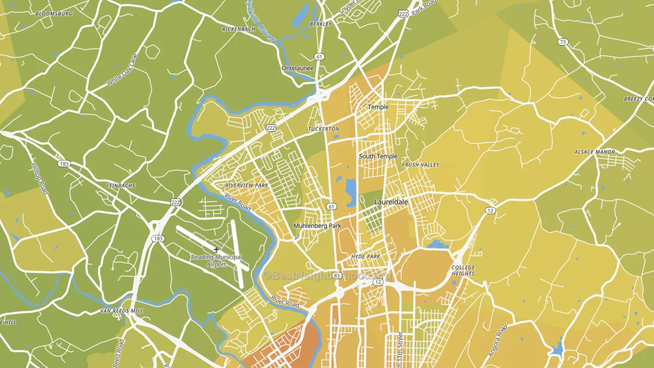 Map of the best neighborhoods in the 19605 area, with better matches in green and worse matches in red