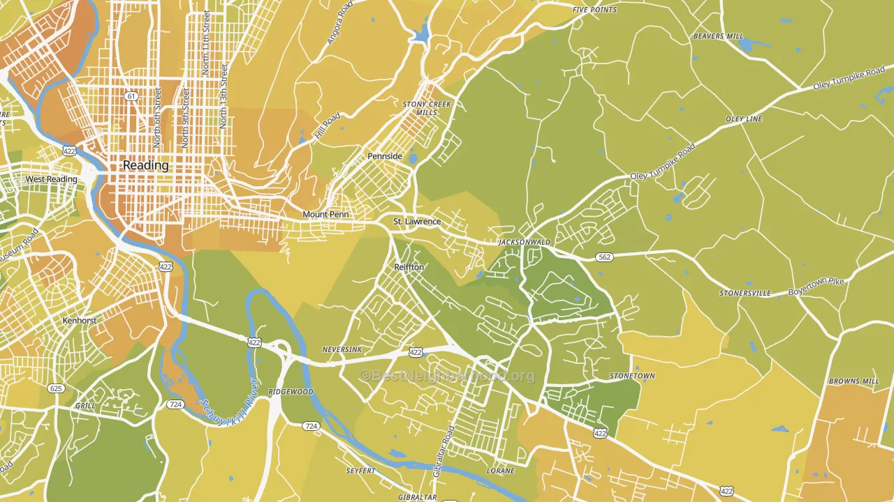 Map of the best neighborhoods in the 19606 area, with better matches in green and worse matches in red