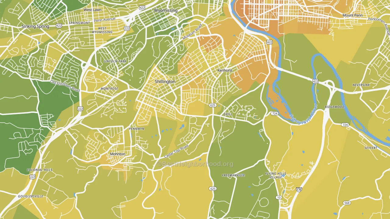 Map of the best neighborhoods in the 19607 area, with better matches in green and worse matches in red