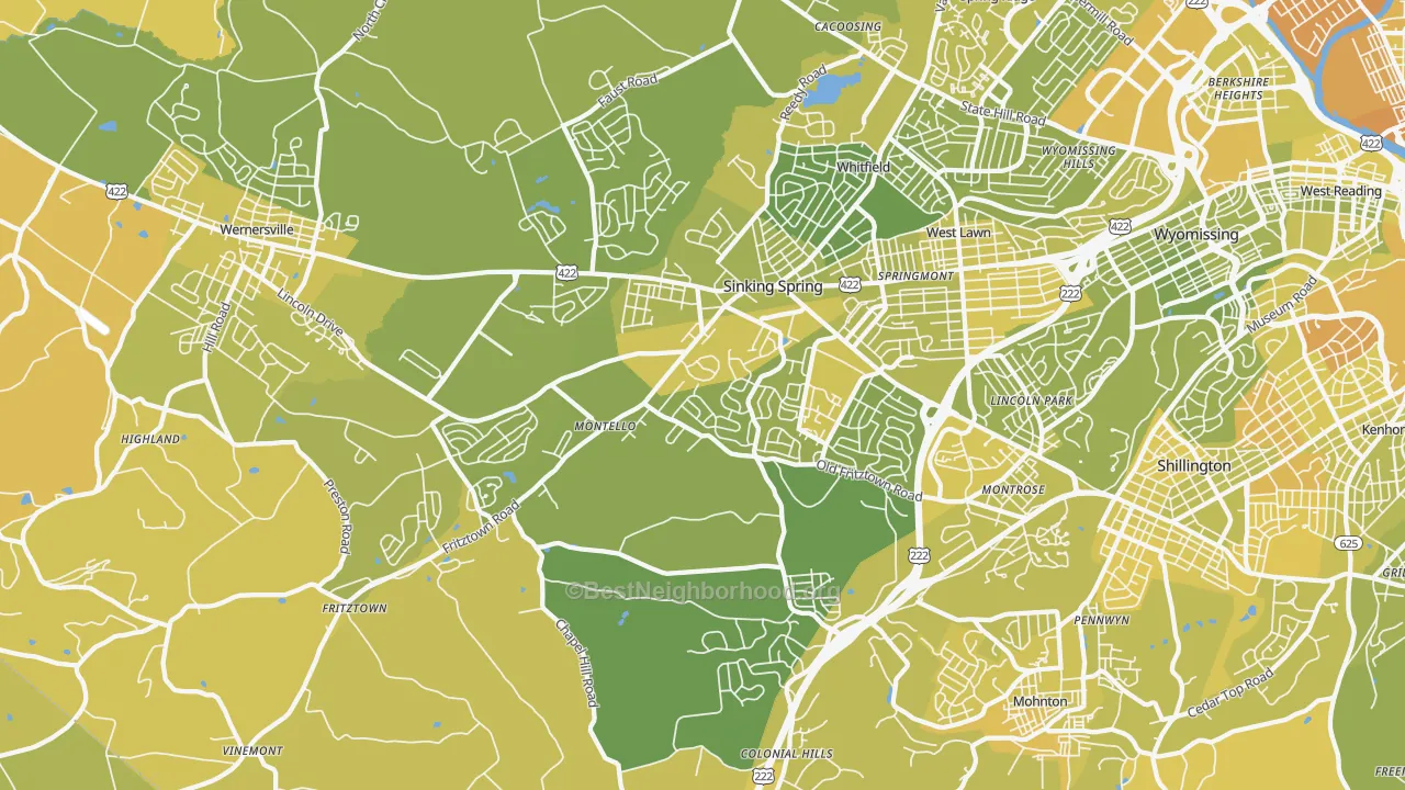 Map of the best neighborhoods in the 19608 area, with better matches in green and worse matches in red