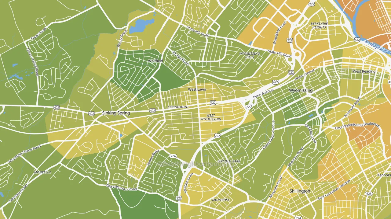 Map of the best neighborhoods in the 19609 area, with better matches in green and worse matches in red