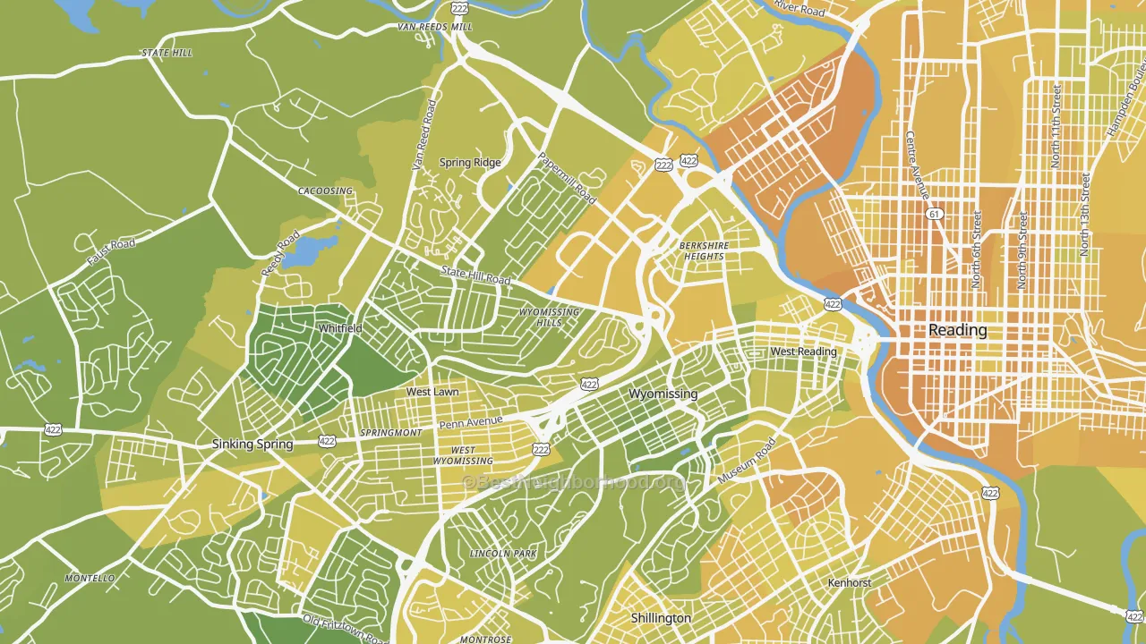 Map of the best neighborhoods in the 19610 area, with better matches in green and worse matches in red