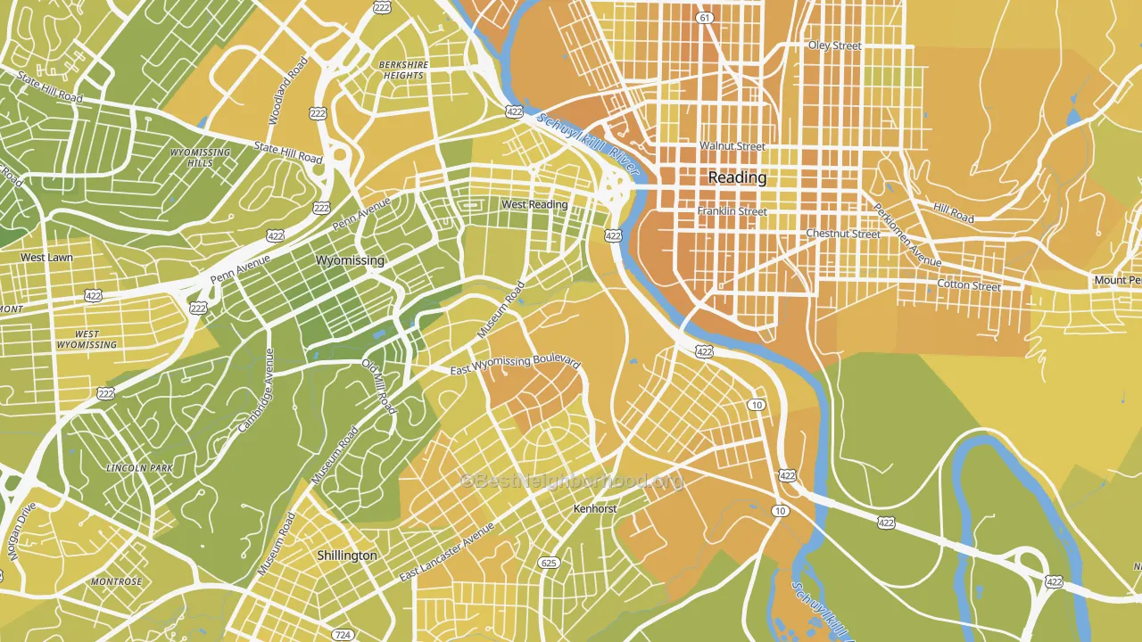Map of the best neighborhoods in the 19611 area, with better matches in green and worse matches in red