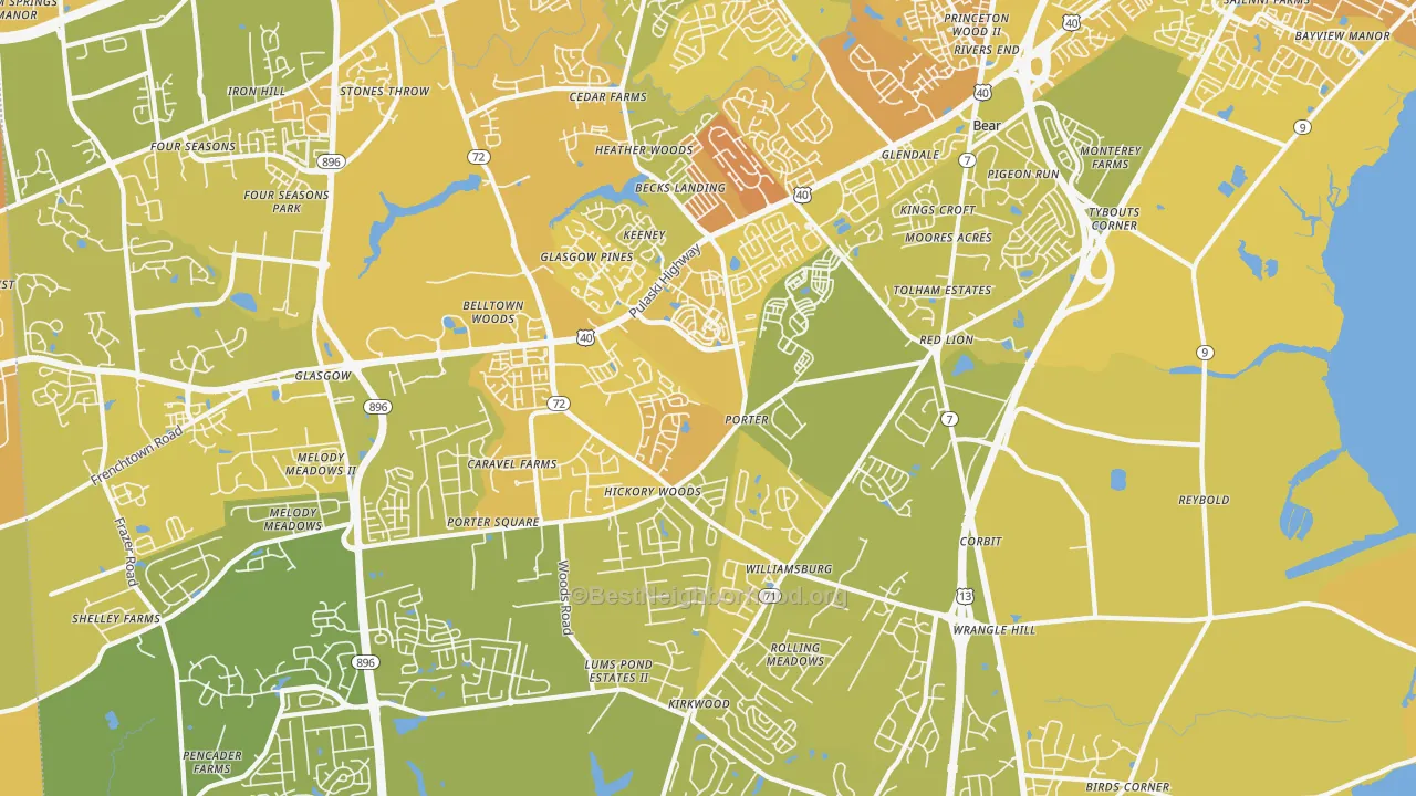 Map of the best neighborhoods in the 19701 area, with better matches in green and worse matches in red