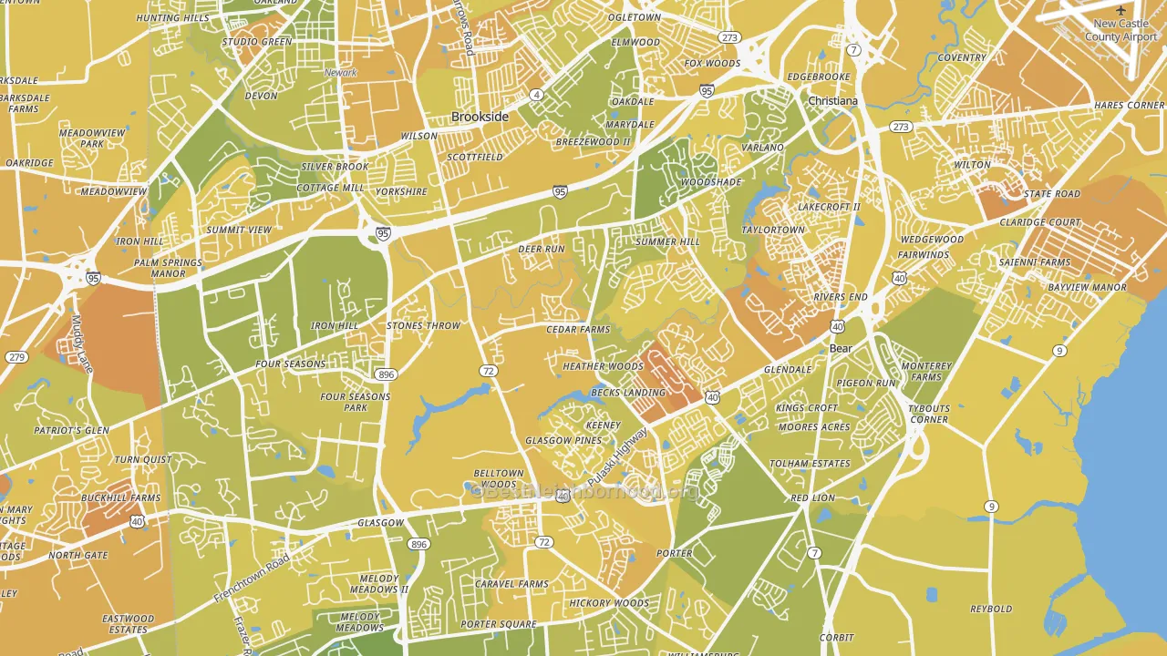 Map of the best neighborhoods in the 19702 area, with better matches in green and worse matches in red
