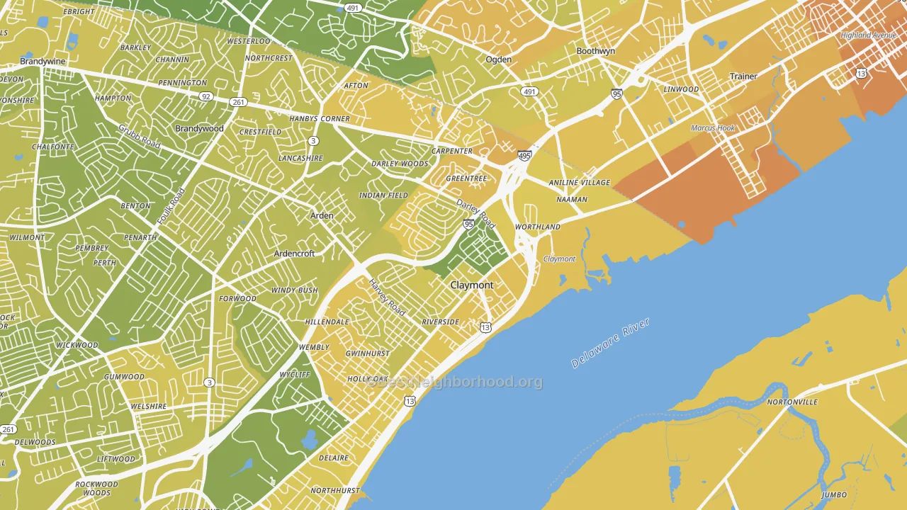 Map of the best neighborhoods in the 19703 area, with better matches in green and worse matches in red