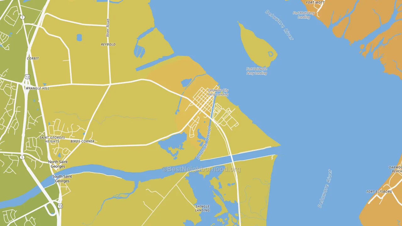 Map of the best neighborhoods in the 19706 area, with better matches in green and worse matches in red