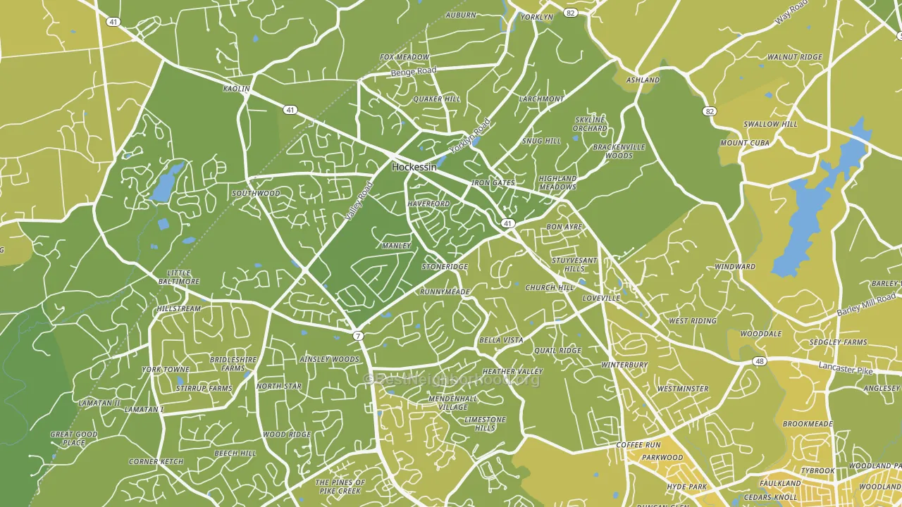 Map of the best neighborhoods in the 19707 area, with better matches in green and worse matches in red