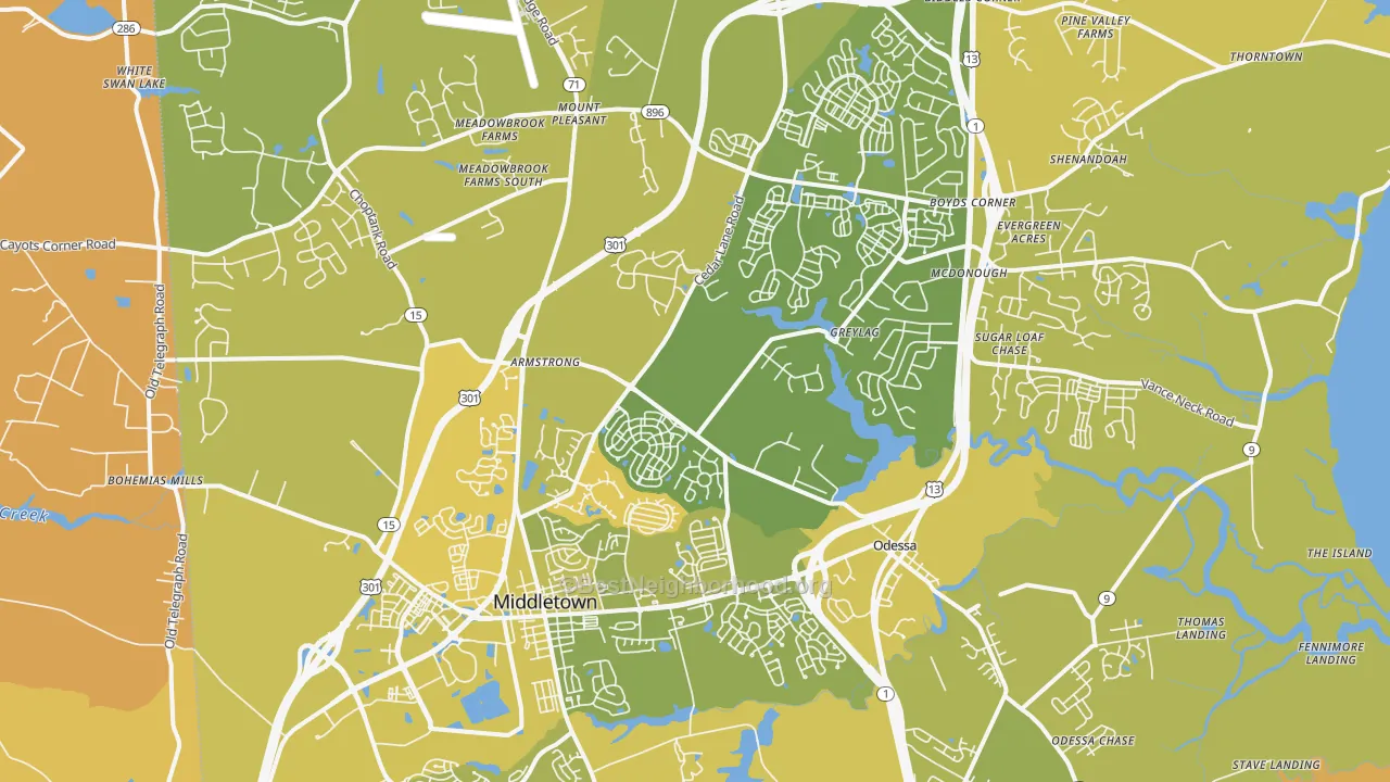 Map of the best neighborhoods in the 19709 area, with better matches in green and worse matches in red