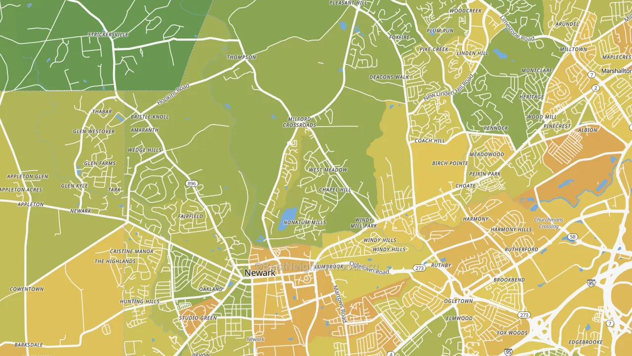Map of the best neighborhoods in the 19711 area, with better matches in green and worse matches in red