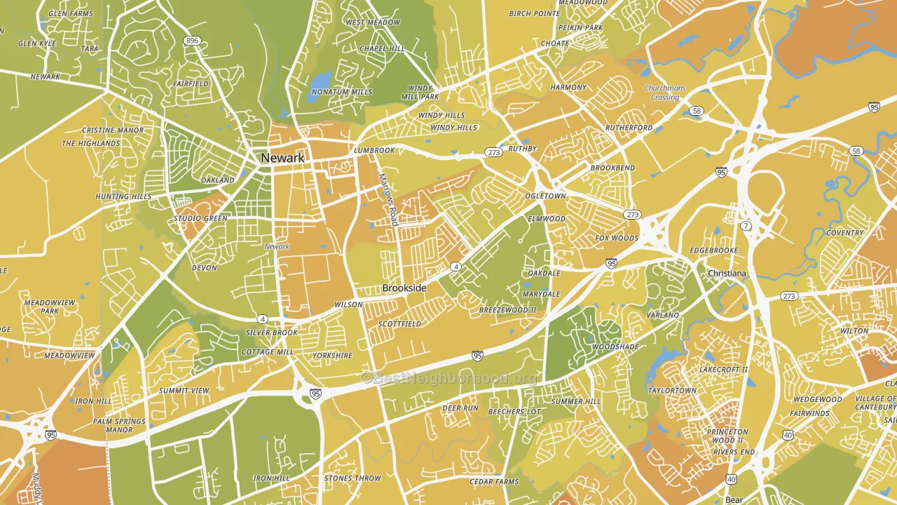 Map of the best neighborhoods in the 19713 area, with better matches in green and worse matches in red