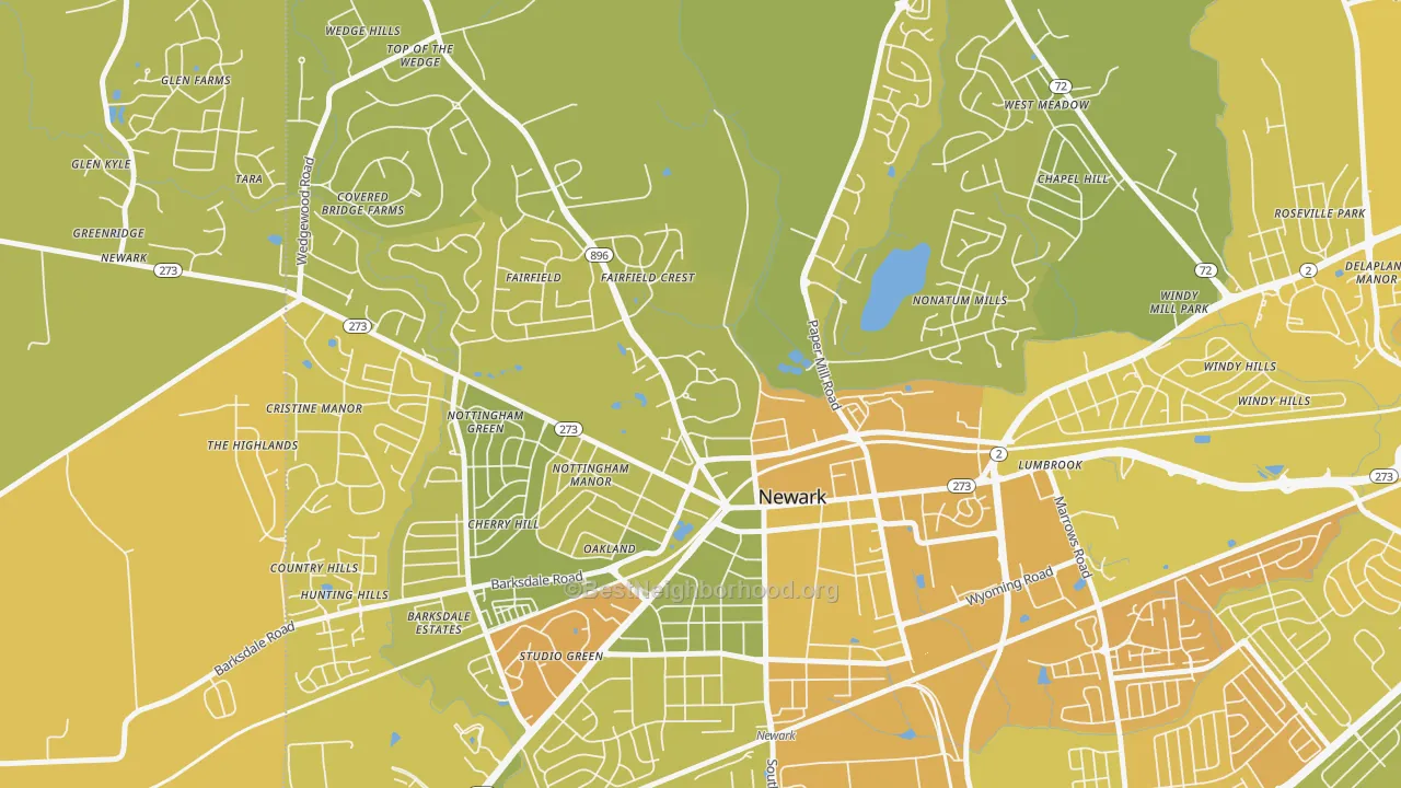 Map of the best neighborhoods in the 19716 area, with better matches in green and worse matches in red