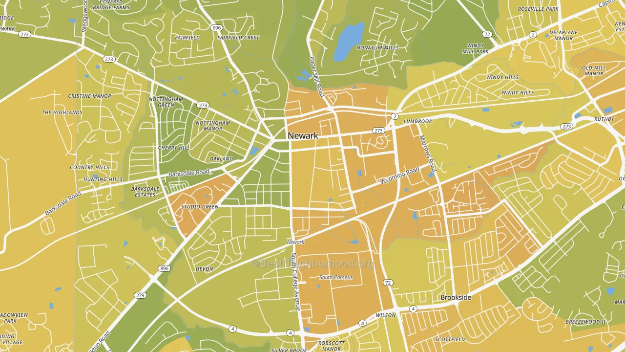 Map of the best neighborhoods in the 19717 area, with better matches in green and worse matches in red