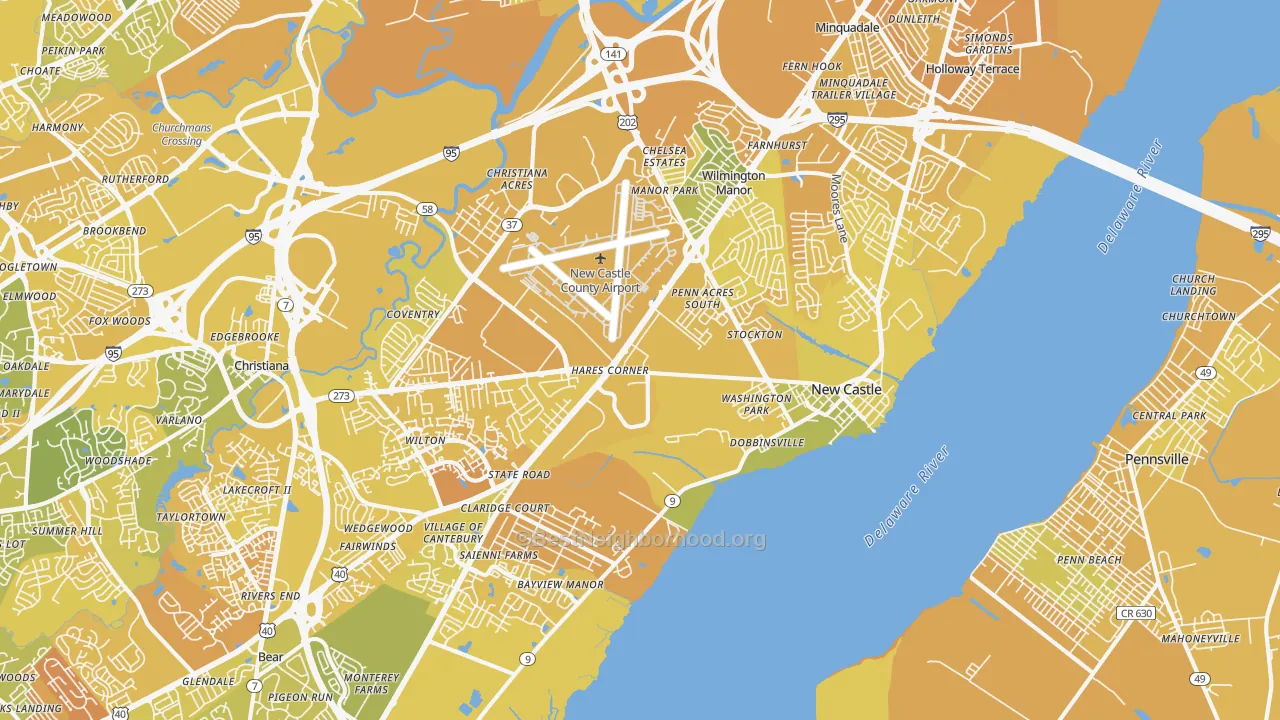 Map of the best neighborhoods in the 19720 area, with better matches in green and worse matches in red