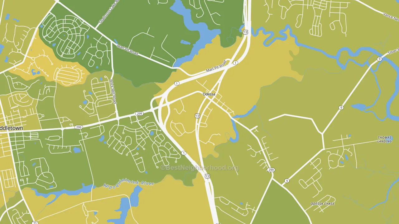 Map of the best neighborhoods in the 19730 area, with better matches in green and worse matches in red