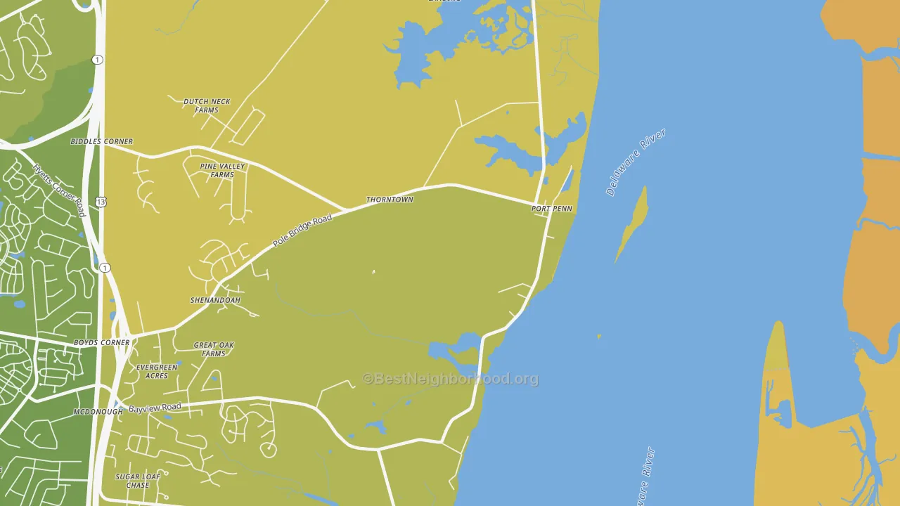 Map of the best neighborhoods in the 19731 area, with better matches in green and worse matches in red