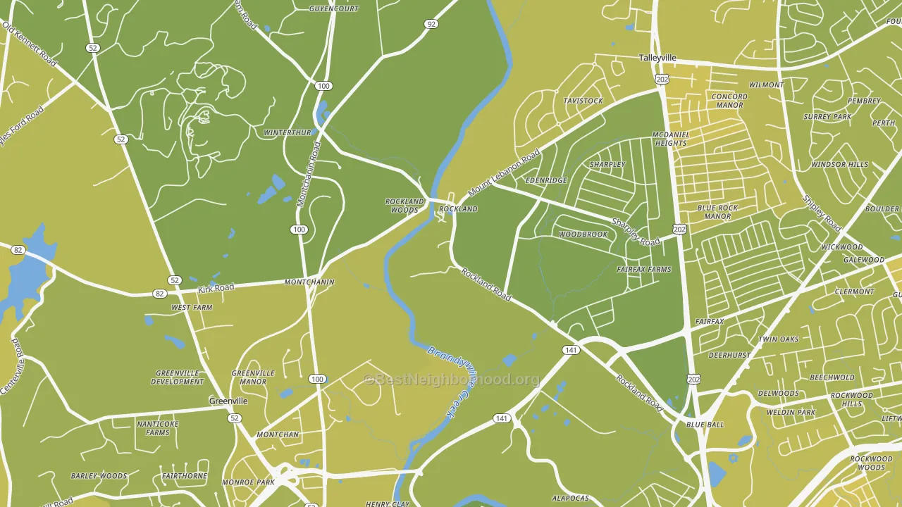 Map of the best neighborhoods in the 19732 area, with better matches in green and worse matches in red
