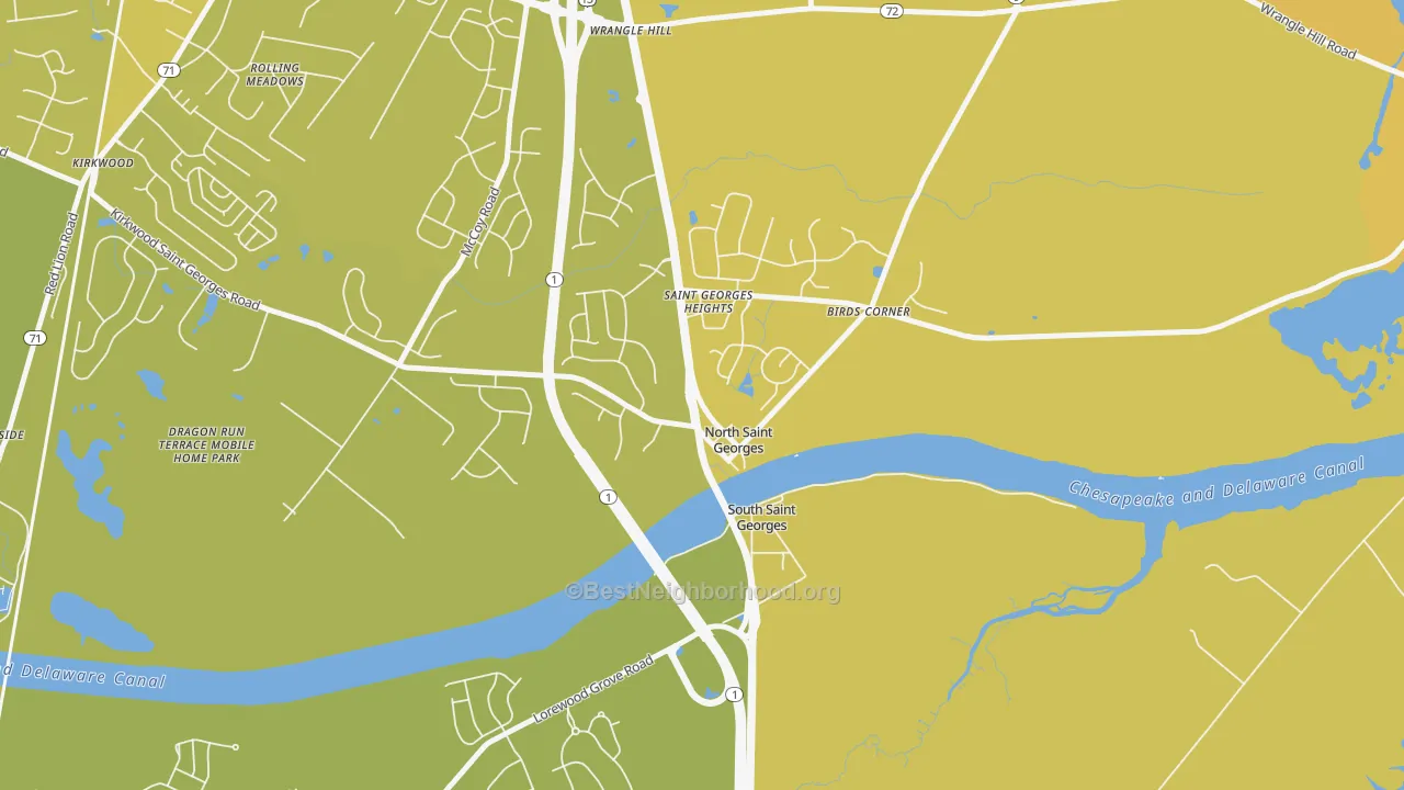 Map of the best neighborhoods in the 19733 area, with better matches in green and worse matches in red