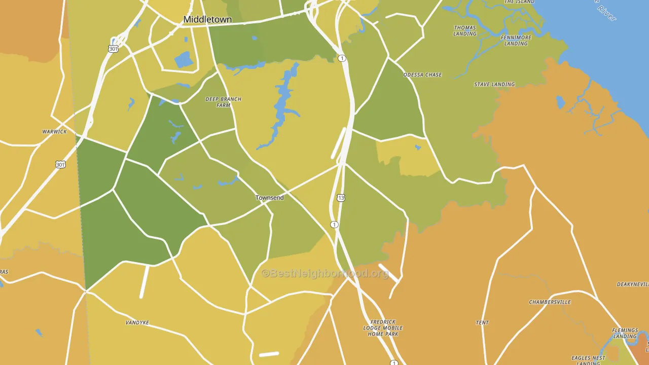Map of the best neighborhoods in the 19734 area, with better matches in green and worse matches in red