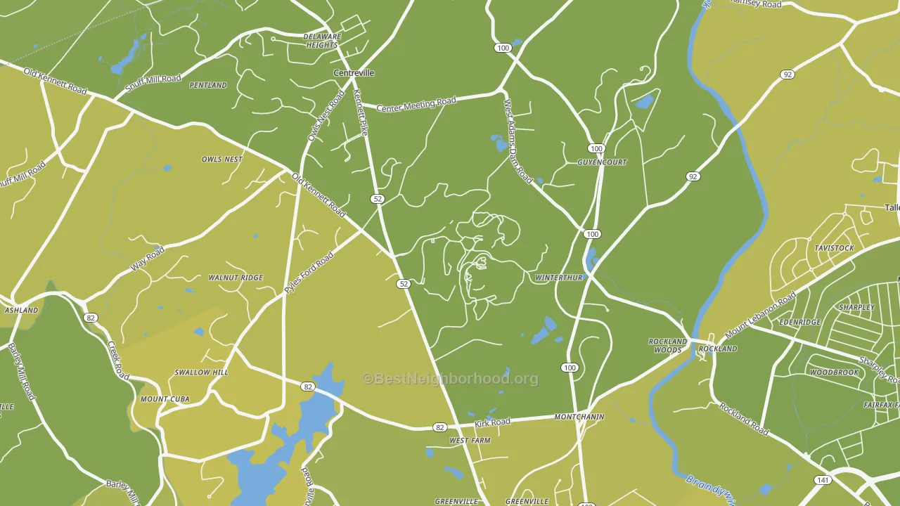 Map of the best neighborhoods in the 19735 area, with better matches in green and worse matches in red