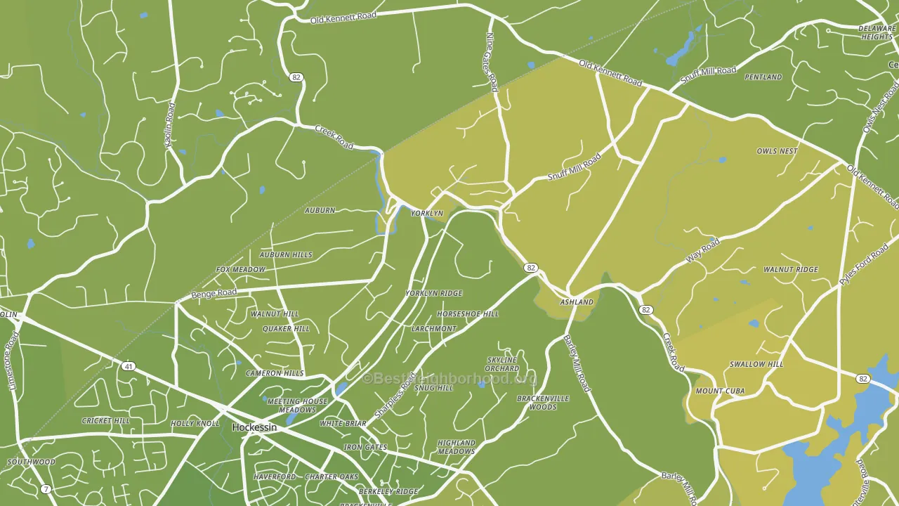 Map of the best neighborhoods in the 19736 area, with better matches in green and worse matches in red