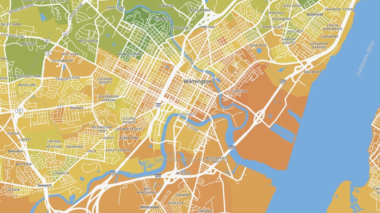 Map of the best neighborhoods in the 19801 area, with better matches in green and worse matches in red