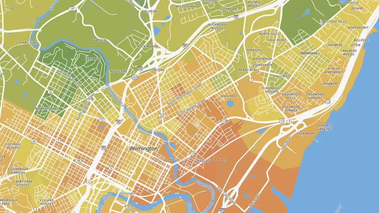 Map of the best neighborhoods in the 19802 area, with better matches in green and worse matches in red