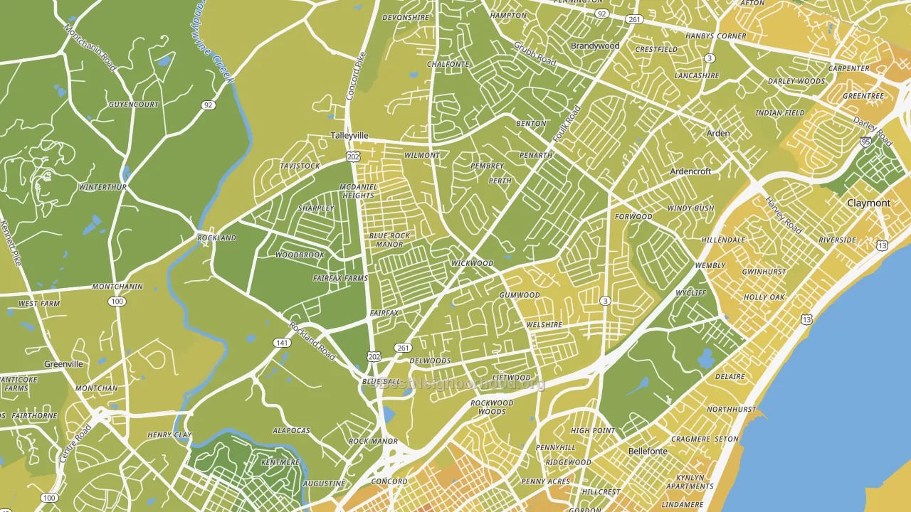 Map of the best neighborhoods in the 19803 area, with better matches in green and worse matches in red
