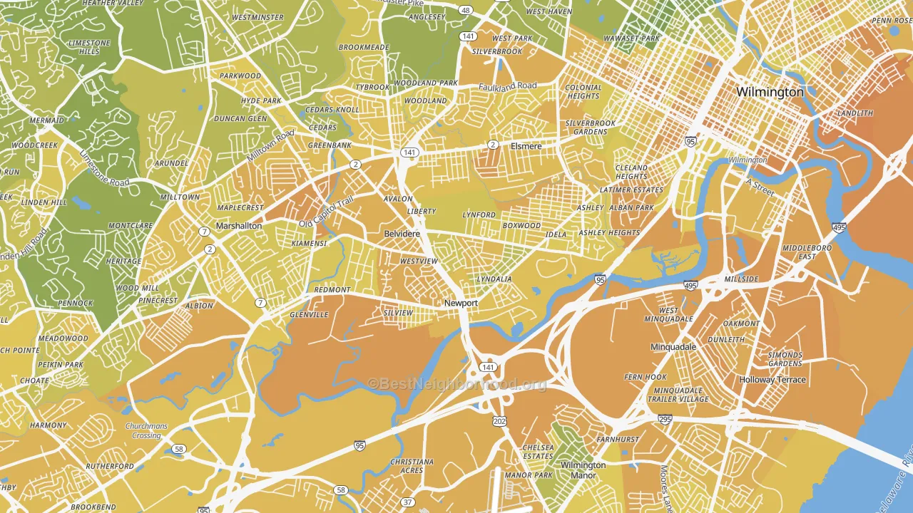 Map of the best neighborhoods in the 19804 area, with better matches in green and worse matches in red