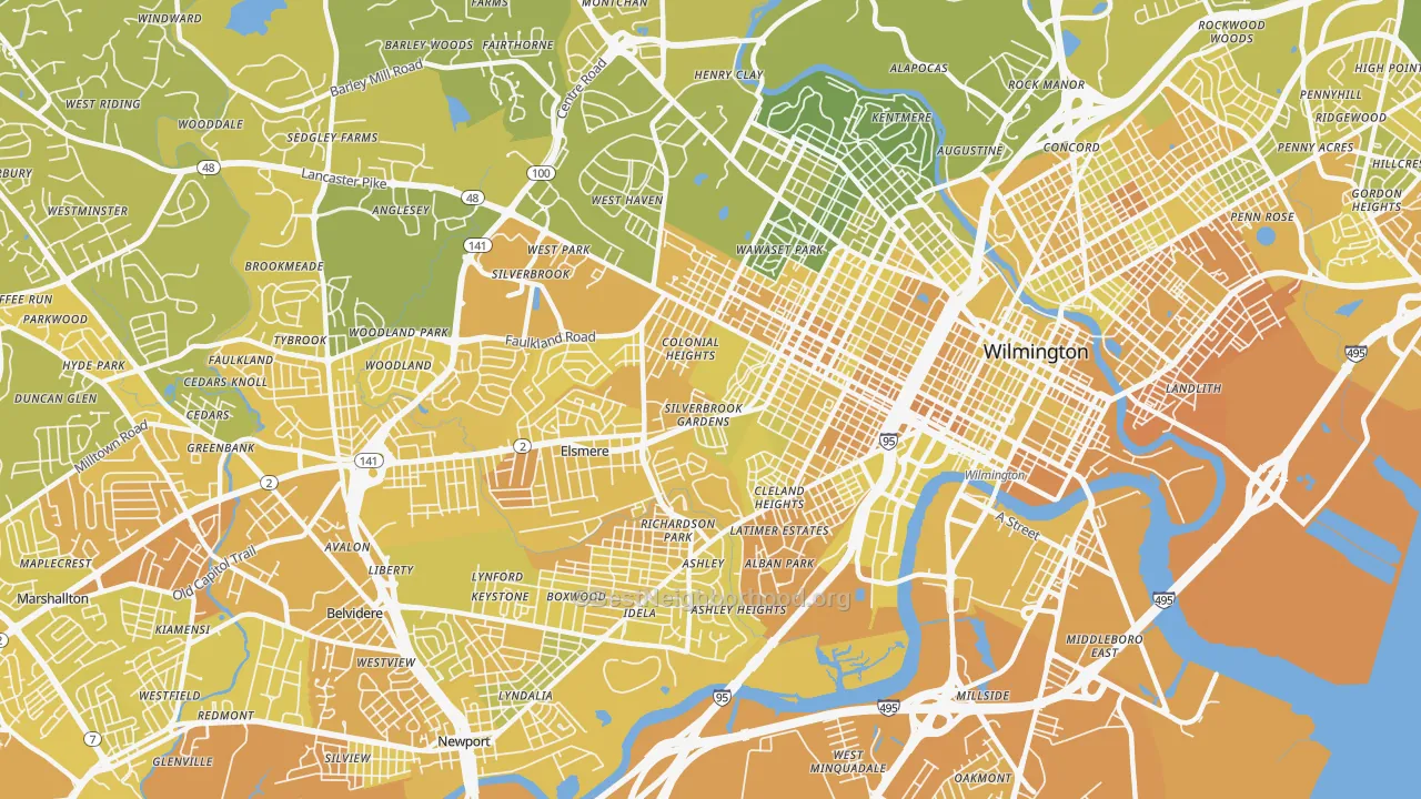 Map of the best neighborhoods in the 19805 area, with better matches in green and worse matches in red