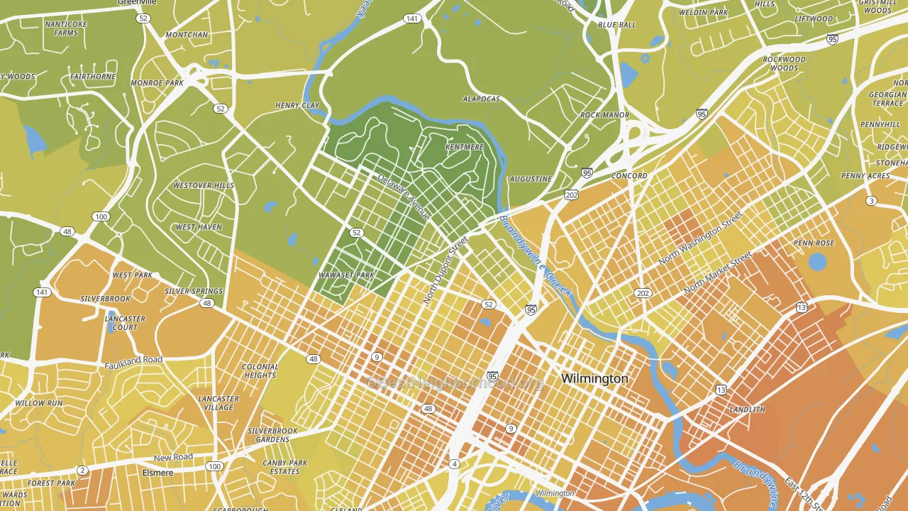 Map of the best neighborhoods in the 19806 area, with better matches in green and worse matches in red