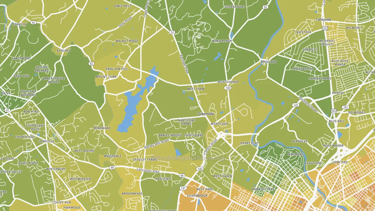 Map of the best neighborhoods in the 19807 area, with better matches in green and worse matches in red