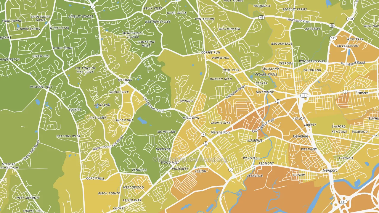 Map of the best neighborhoods in the 19808 area, with better matches in green and worse matches in red