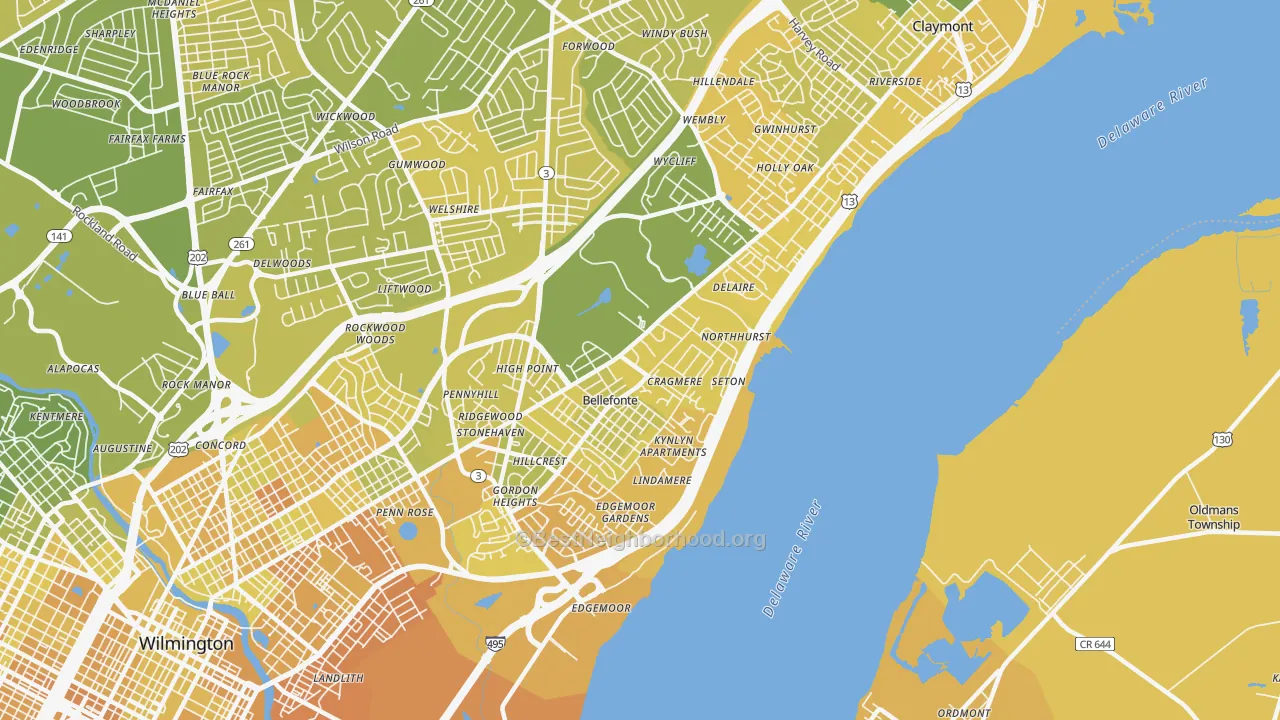Map of the best neighborhoods in the 19809 area, with better matches in green and worse matches in red