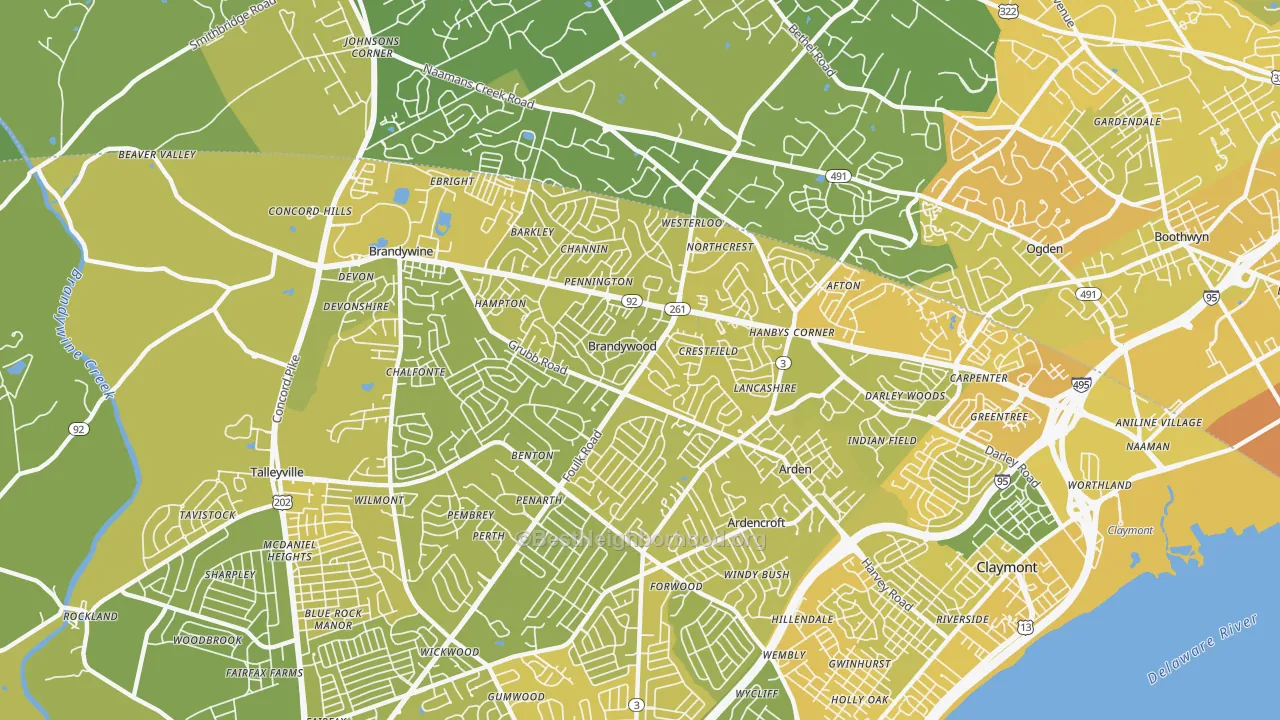 Map of the best neighborhoods in the 19810 area, with better matches in green and worse matches in red