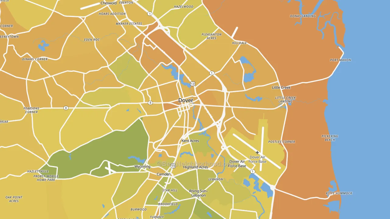 Map of the best neighborhoods in the 19901 area, with better matches in green and worse matches in red