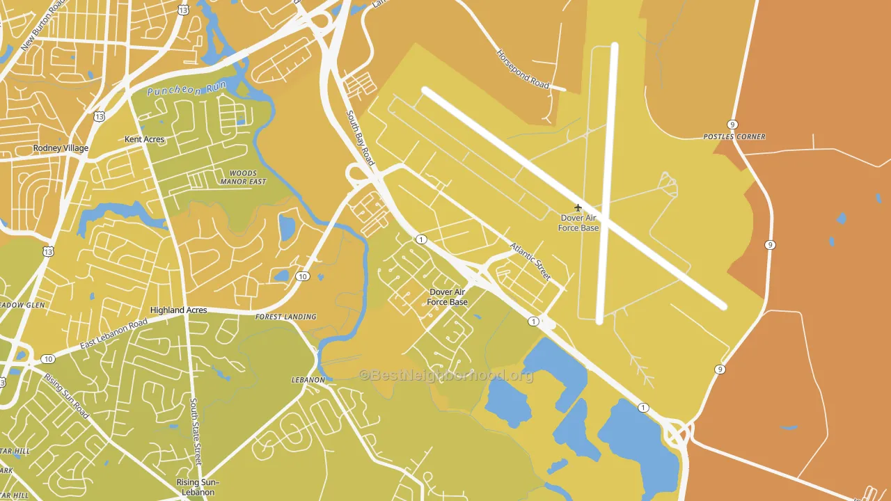 Map of the best neighborhoods in the 19902 area, with better matches in green and worse matches in red