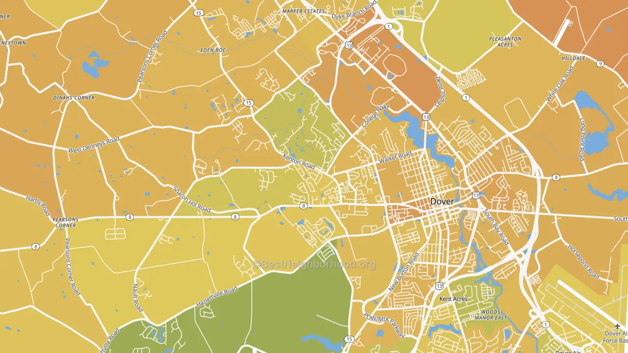 Map of the best neighborhoods in the 19904 area, with better matches in green and worse matches in red