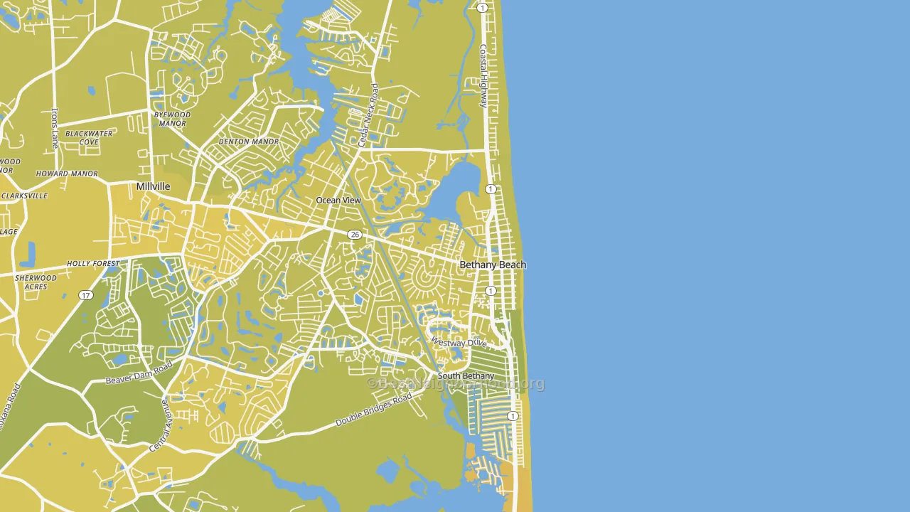 Map of the best neighborhoods in the 19930 area, with better matches in green and worse matches in red
