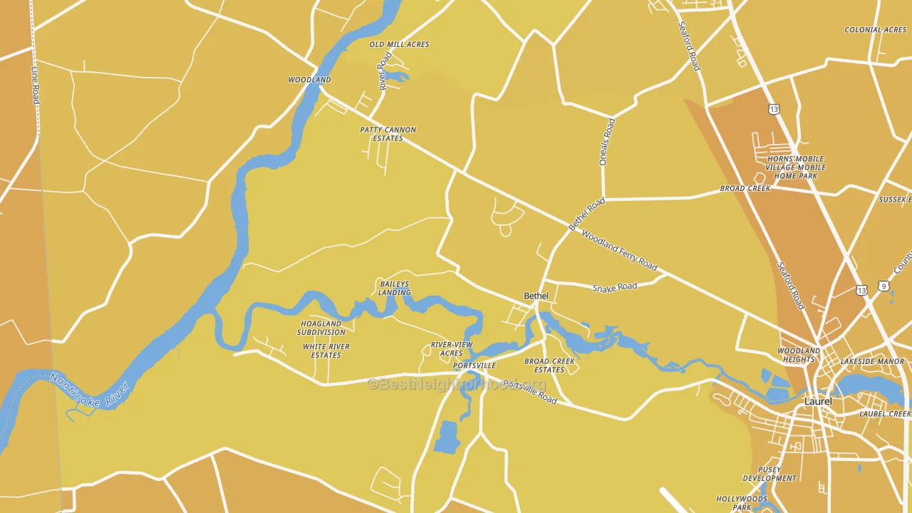 Map of the best neighborhoods in the 19931 area, with better matches in green and worse matches in red
