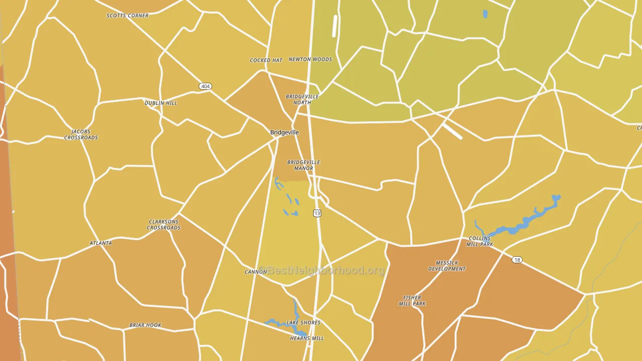 Map of the best neighborhoods in the 19933 area, with better matches in green and worse matches in red