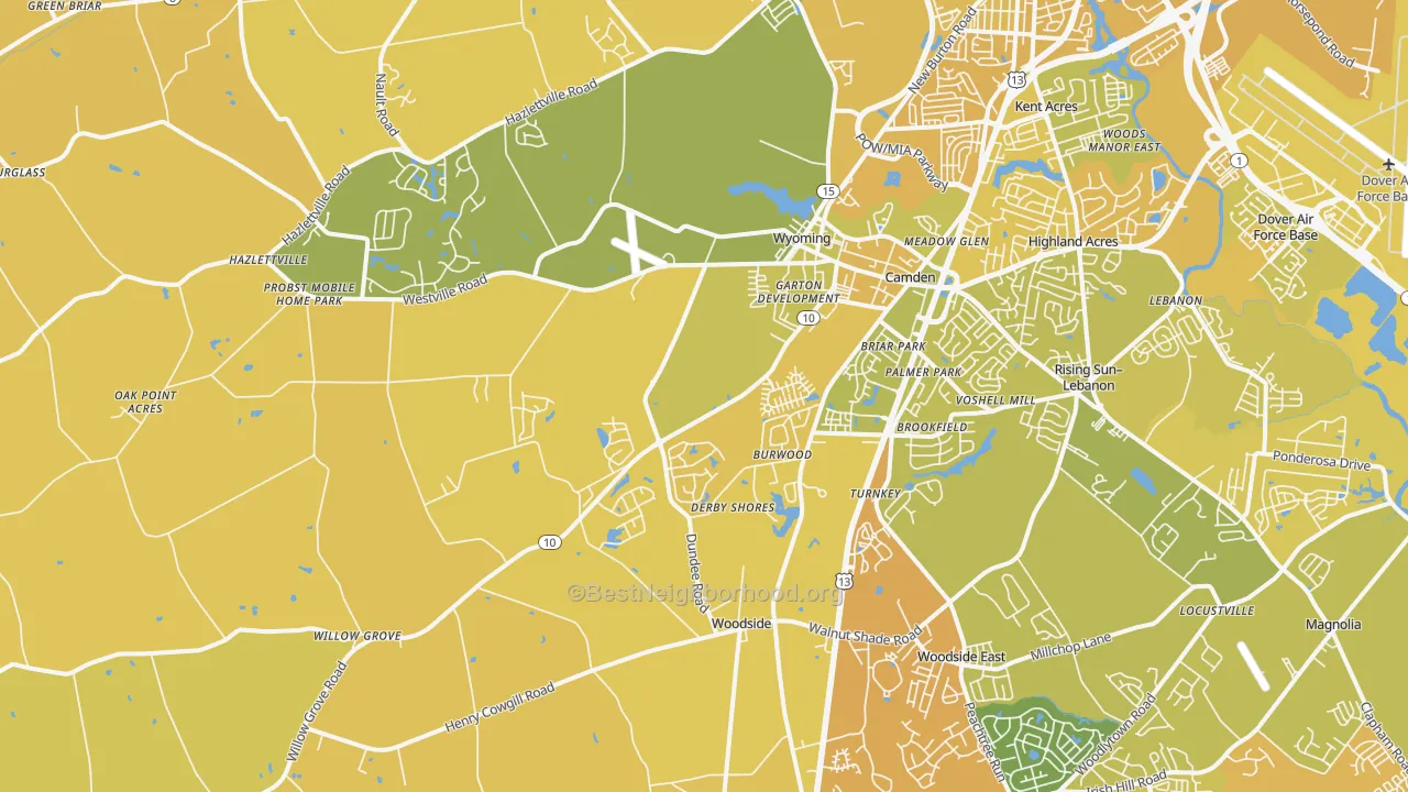 Map of the best neighborhoods in the 19934 area, with better matches in green and worse matches in red