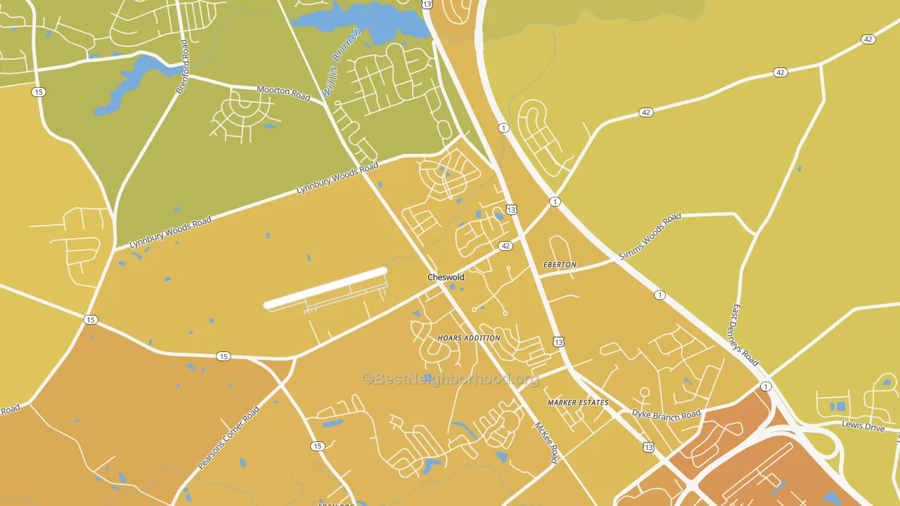 Map of the best neighborhoods in the 19936 area, with better matches in green and worse matches in red