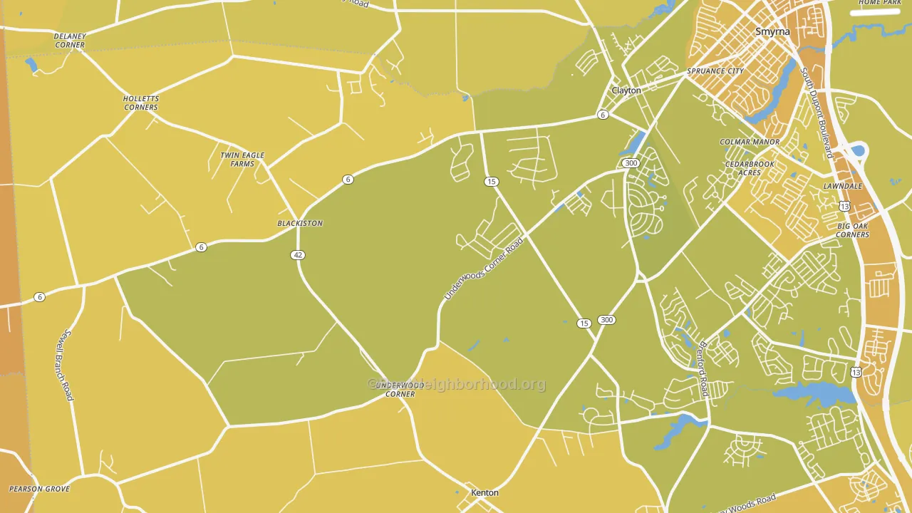 Map of the best neighborhoods in the 19938 area, with better matches in green and worse matches in red